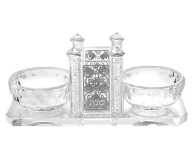 Crystal Salt & Tooth Pick Holder Pomegranate and Shabbat Silver 6.14x2.38x2.58`