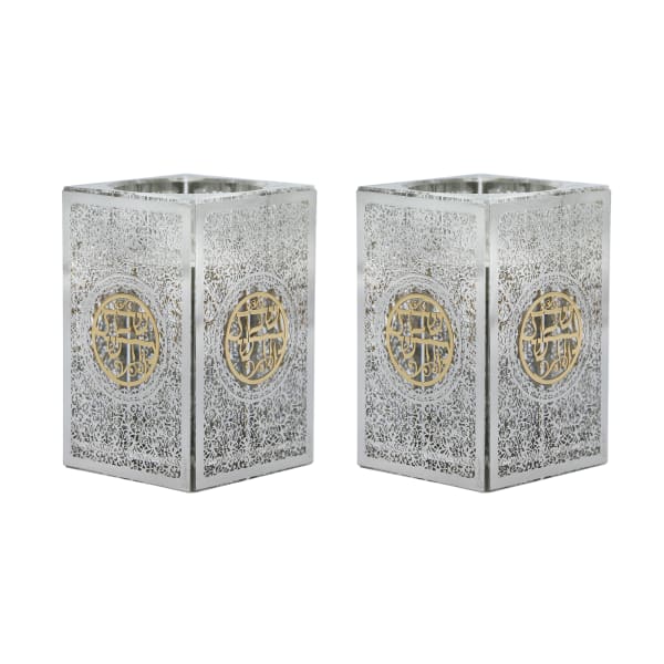 Crystal tea Light Holders With Silver Jerusalem And Gold Shabbat Kodesh 3"Hx2x2"