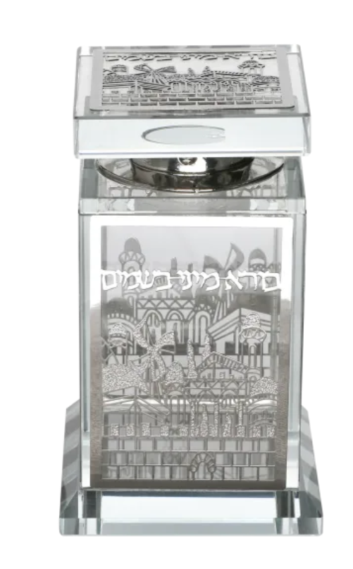 Besomim Holder Crystal With Jerusalem Silver 4x2x3"