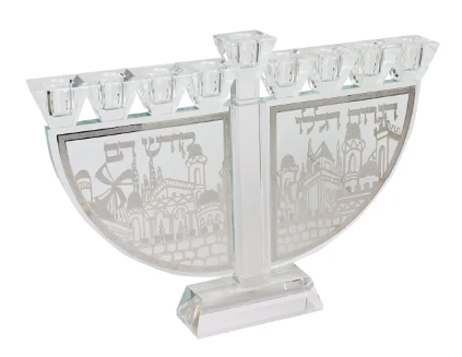 Crystal menorah With Silver Jerusalem Haneroth Haluli  9.5"H