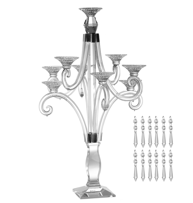 Crystal and Black Candelabra with Hanging Crystals - 9 Branches 27.5"