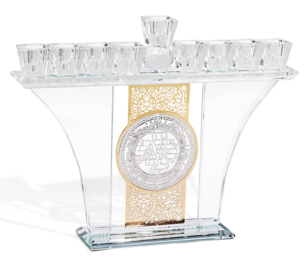 Crystal Menorah with Silver & Gold Blessing Plates