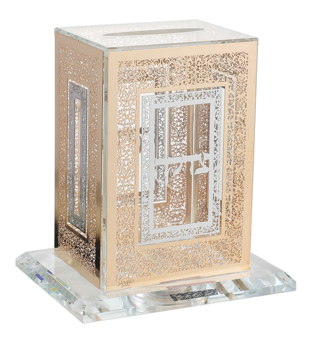 Crystal Tzedakah Holder with Gold and Silver Plates