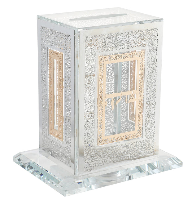 Crystal Tzedakah Holder with Gold and Silver Plates