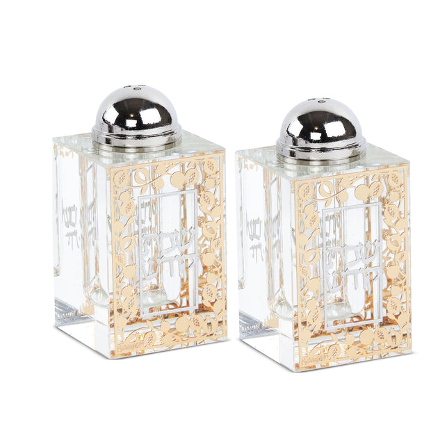 Set of Crystal Salt and Pepper Holders with Gold and Silver Plates