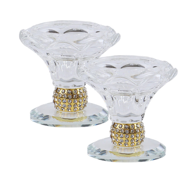 Set of 2 Crystal Candle Holders with Gold Metal 2.5"H