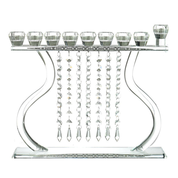 Crystal Menorah Harp With Silver Design & Hanging Crystals 11.8"