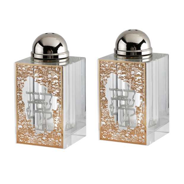 Crystal Salt & Pepper Set Gold Jerusalem with Silver Shabbat Kodesh 3"HX1.5"