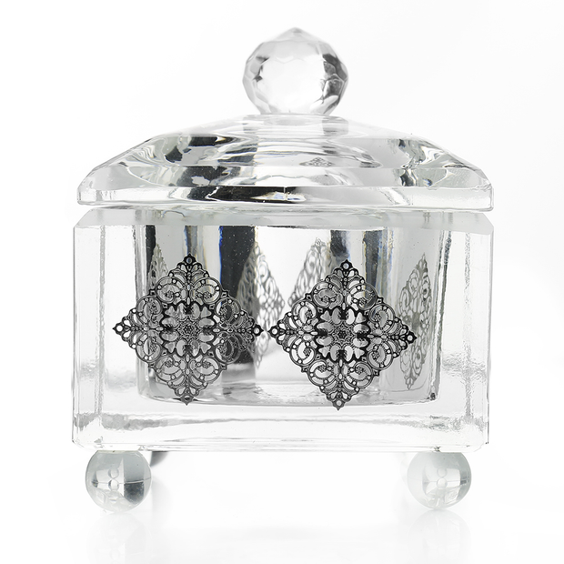 Crystal Honey Dish With Silver  Filigree Cubes 2 1/4 x 2 1/4 "