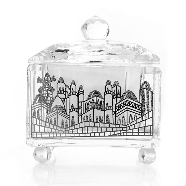 Crystal Honey Dish With Silver Jerusalem