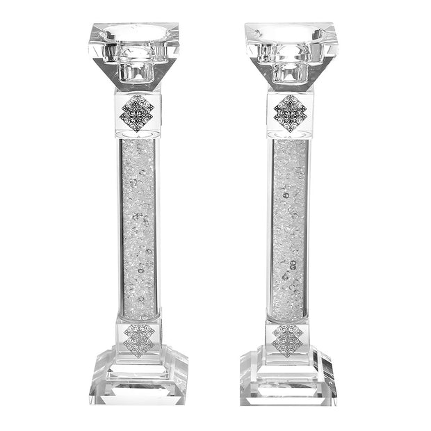 Crystal Candle Stick Set of 2 Silver Cubes Broken Glass 9.5"