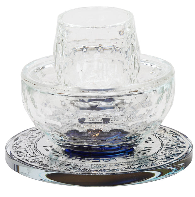 Crystal Mayim Achronim With Silver Jerusalem Design Blue Tray 4"Hx4.5"