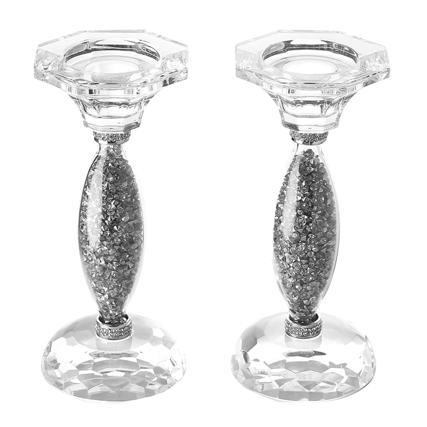 Crystal Candle Stick Set of 2 Broken Glass Silver  6"H