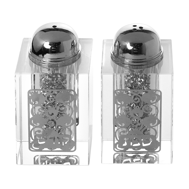 Crystal Salt And Pepper Shaker Set Broken Glass & Silver Design 3"H