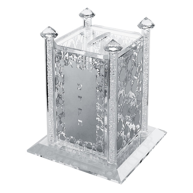 Tzedakah Pushka Crystal With Silver Plaques Tzedakah Pomegranate. Broken Glass 4 1/2 x 4 1/2 "