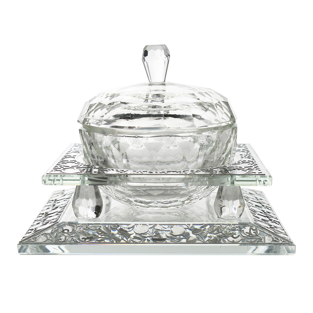 Crystal Honey Dish With  Pomegranate Silver  3 Pc  4 3/4 w X1 1/2 H " (inactive)