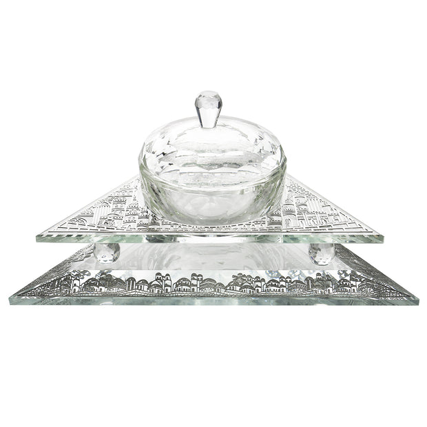 Crystal Honey Dish Triangle Shape With Jerusalem Silver 3 Pc 6 1/2x 5 1/2 w X1 1/2 H "