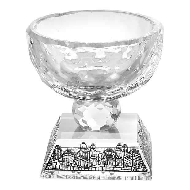 Crystal Salt Holder / salt water  With Silver Jerusalem 5"Hx5.5x4.34