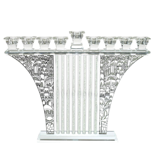 Crystal Menorah with Jerusalem Silver and Stones 11.4"