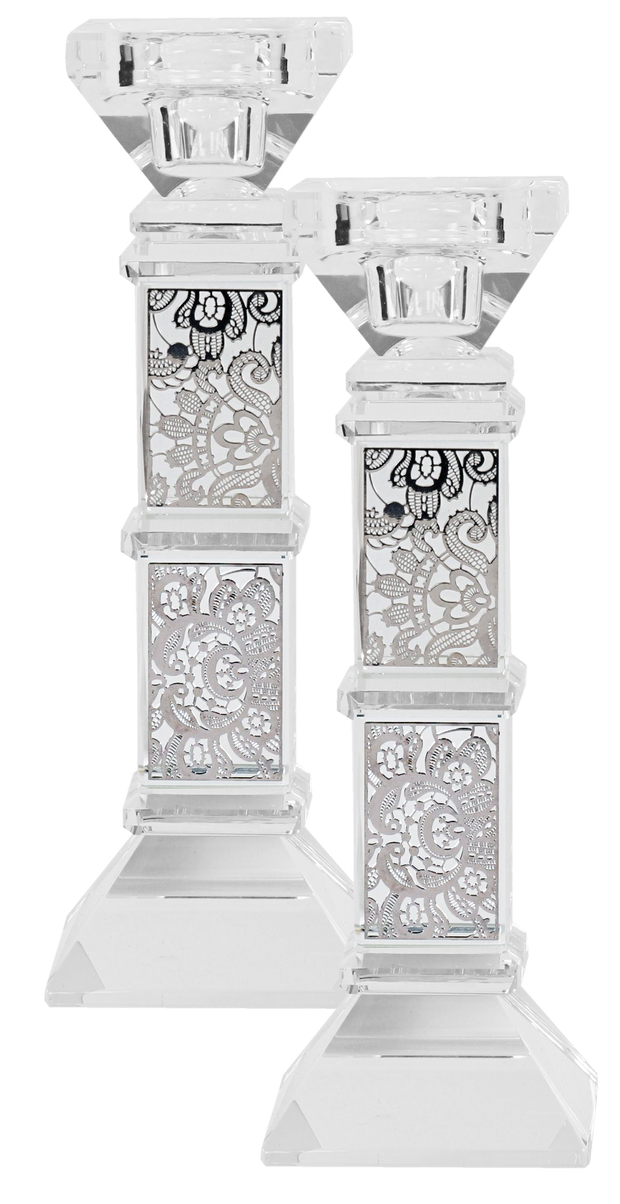 Crystal Candle Sticks Floral Silver 7"