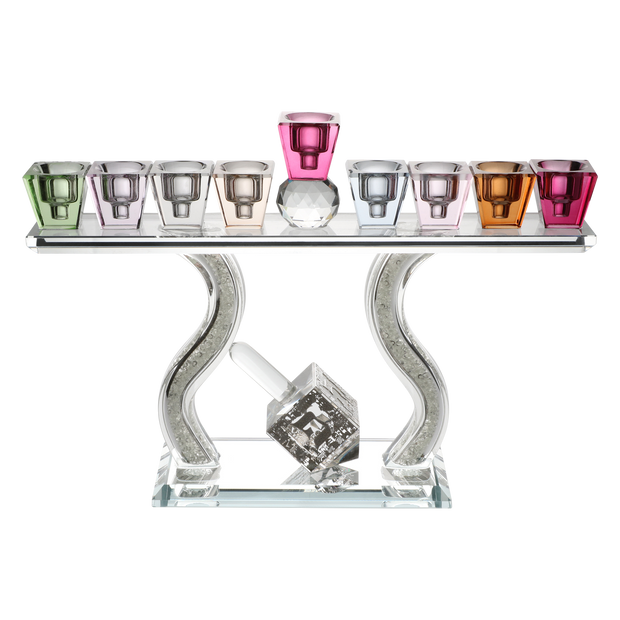 Crystal Menorah With Stones Colored Tops  With Dreidel Jerusalem Silver Plate  7"Hx10.5"W