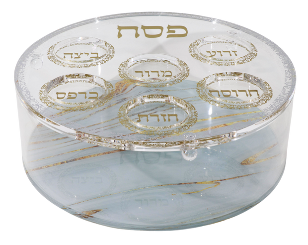 Acrylic Round Matza Box With Seder Plate Cover - Grey & Gold Marble Design