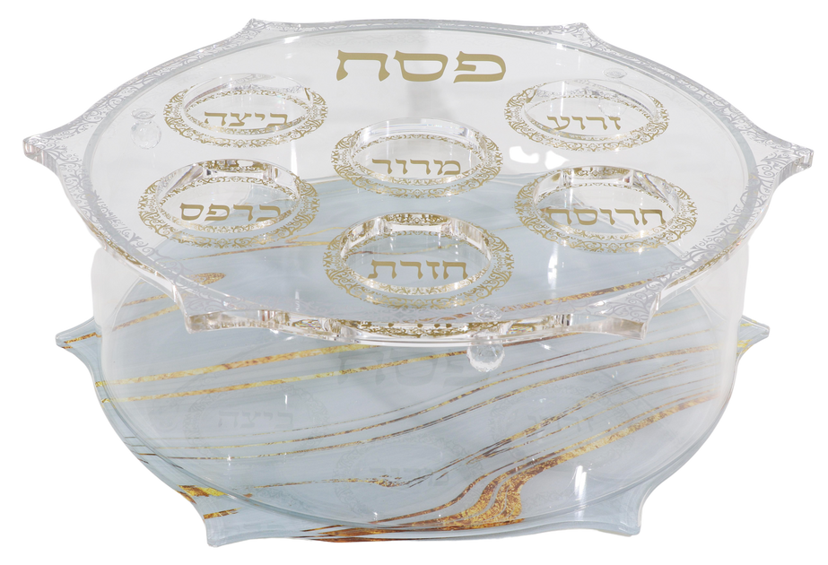 Acrylic Round Matza Box With Seder Plate Cover - Carved Grey & Gold Ma ...