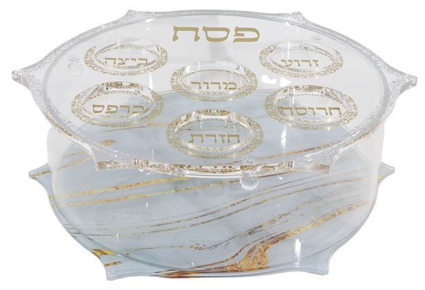 Acrylic Round Matza Box With Seder Plate Cover - Carved Grey & Gold Marble Design