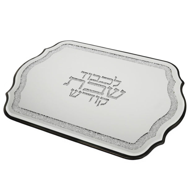 Mahogany & Mirror Tray With  Stones  Shabbat Kodesh 17x12" "