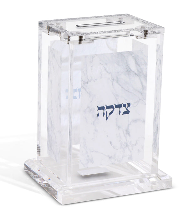 Acrylic Tzedakah Box with Marble & Silver Design 4"x2.75"x2"