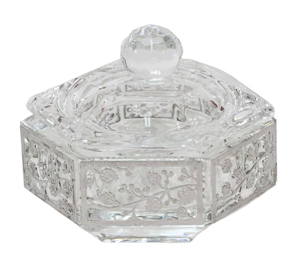 Hexagon Crystal Dish with 3 Legs Floral Metal 2.25"