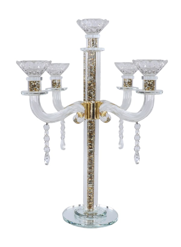 "Royal Style" 5 Branch Gold Filling Crystal Candelabra 15.5"H