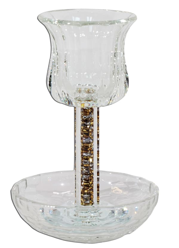 Crystal Kiddush Cup  - Gold Filling with Square Leg - 6" Cup 4.5" Tray