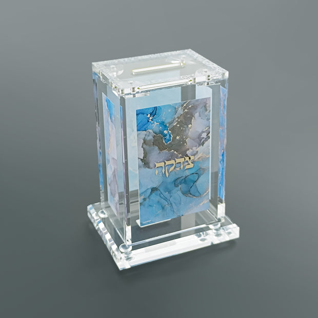 Acrylic Tzedakah Box with Blue & Gold Marble Design 4"x2.75"x2"