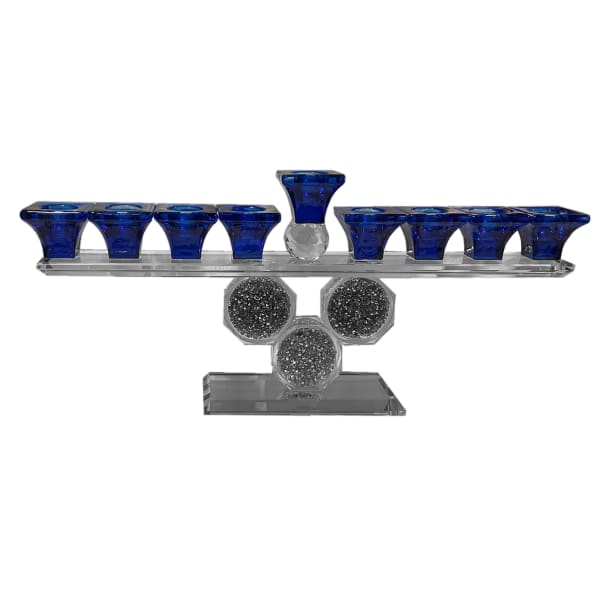 Crystal Menorah Silver Diamonds Circles Blue Cups