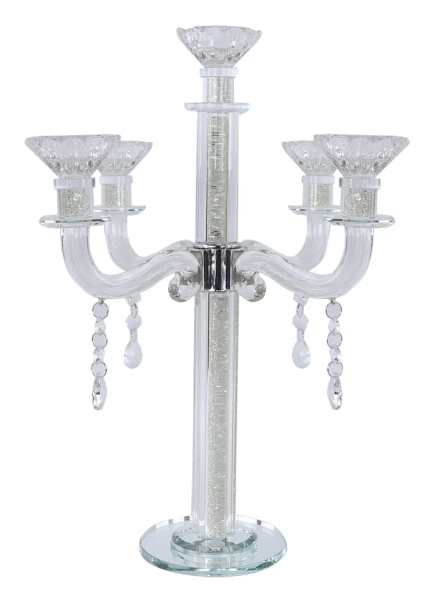 "Royal Style" 5 Branch Clear Filling Crystal Candelabra 15.5"H