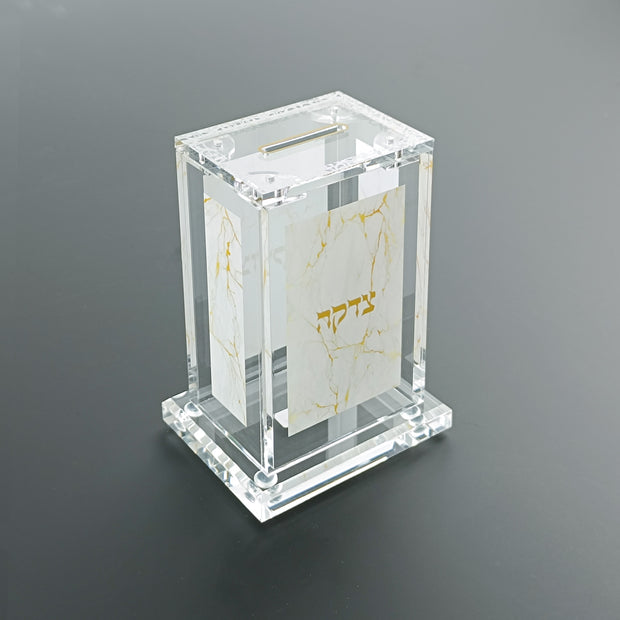 Acrylic Tzedakah Box with Marble & Gold Design 4"x2.75"x2"