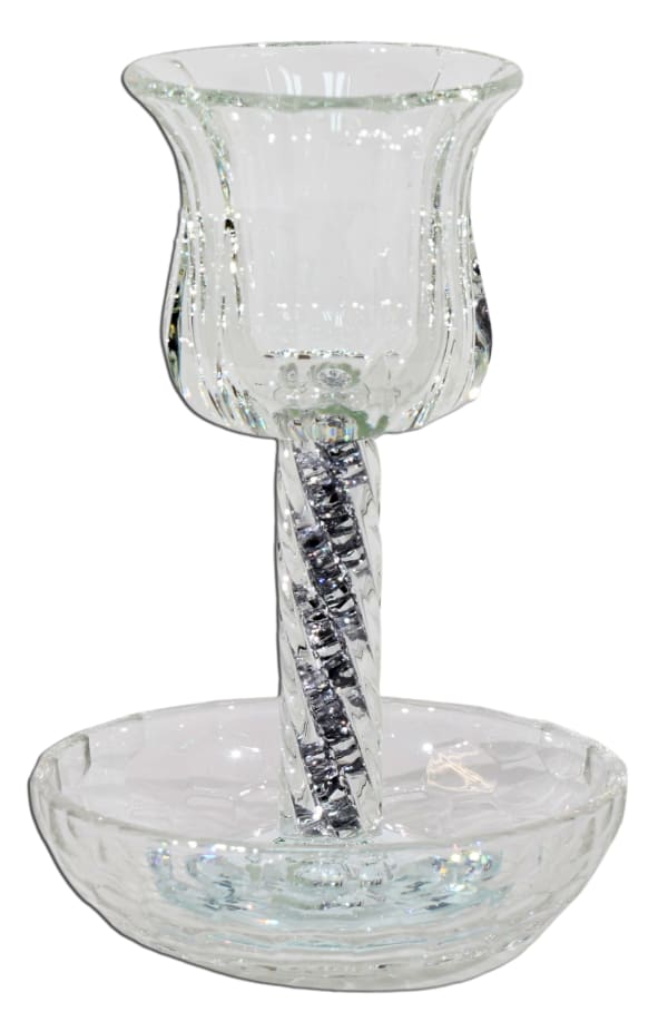 Crystal Kiddush Cup  - Silver Filling with Spiral Leg - 6" Cup 4.5" Tray