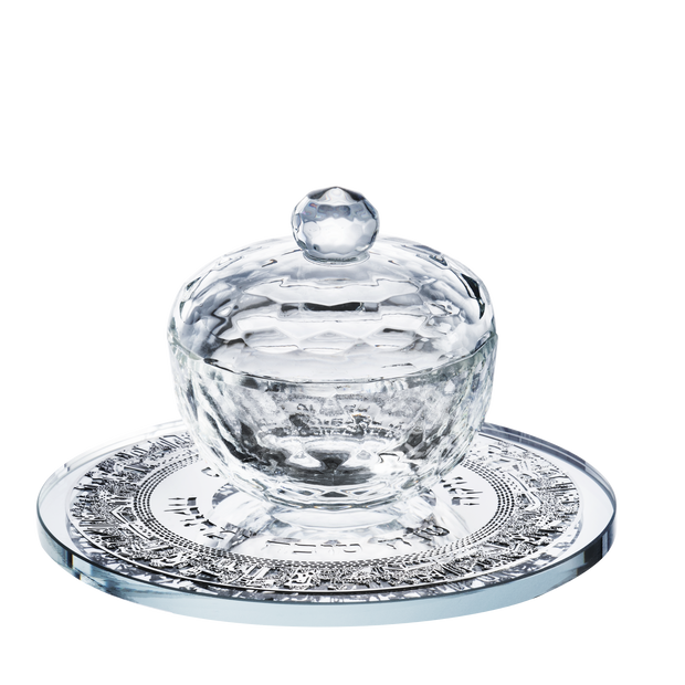 Crystal Honey Dish With Jerusalem Silver  3 Pc  5x3"