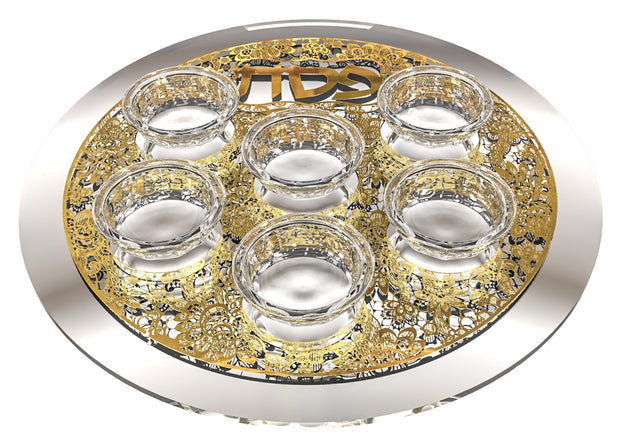 Mirror And Glass Seder Plate With Gold Floral Plate