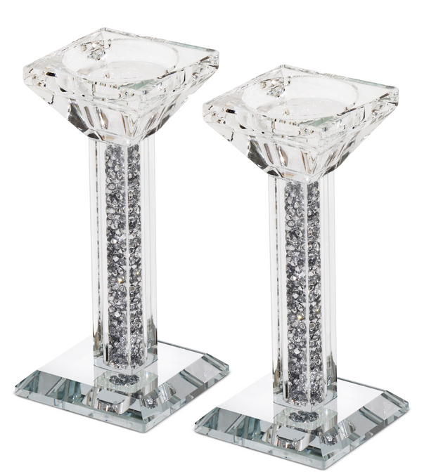 Crystal Candlestick Silver Filling Mirror Stands 5"