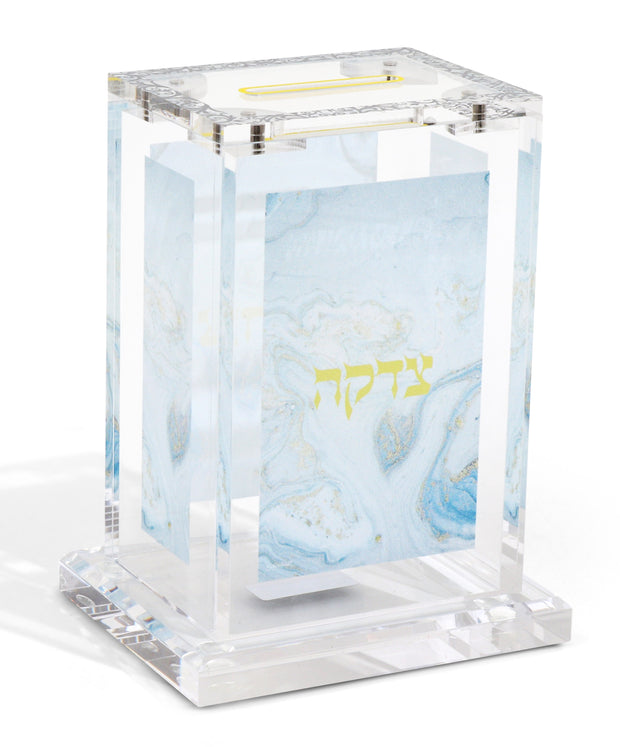 Acrylic Tzedakah Box with Blue Marble & Gold Design 4"x2.75"x2"