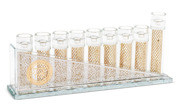 Crystal Menorah with Silver & Gold Plates and Silver Fillings