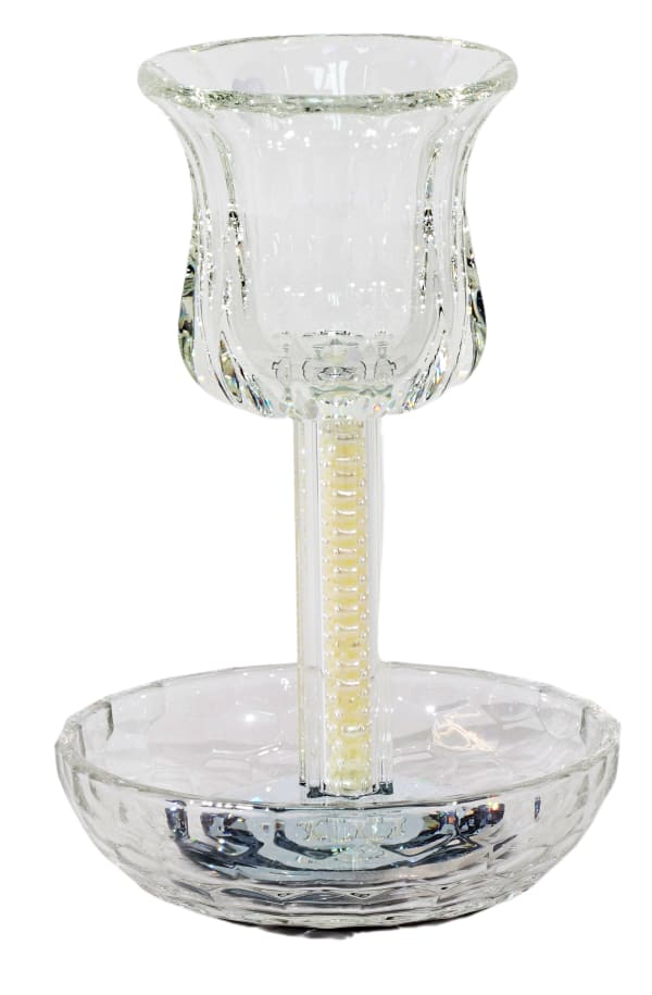 Crystal Kiddush Cup  - White Pearl Filling with Square Leg - 6" Cup 4.5" Tray