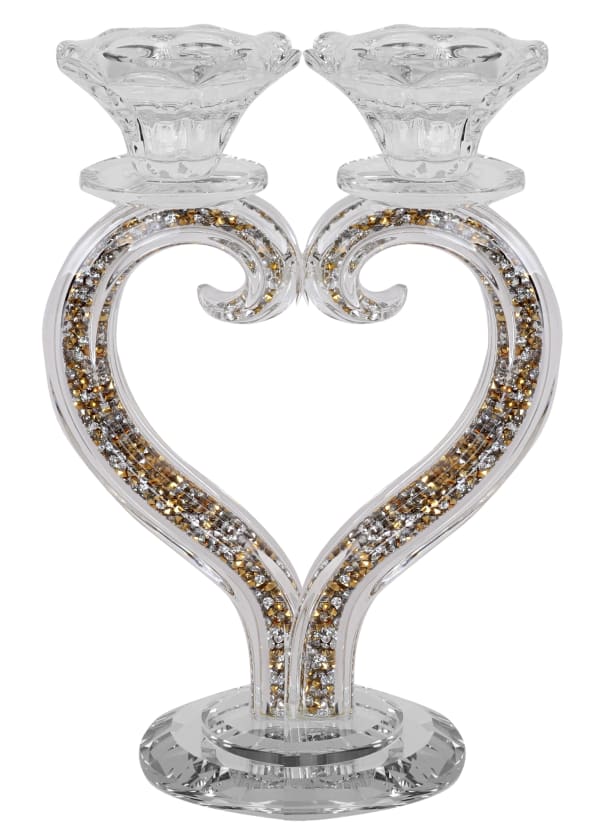 Candelabra 2 Light Heart Shape Gold & Silver Crystals 8.5"