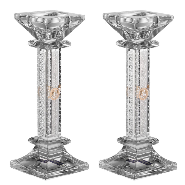 Set of Crystal Candlesticks with Silver Plate on 4 Sides